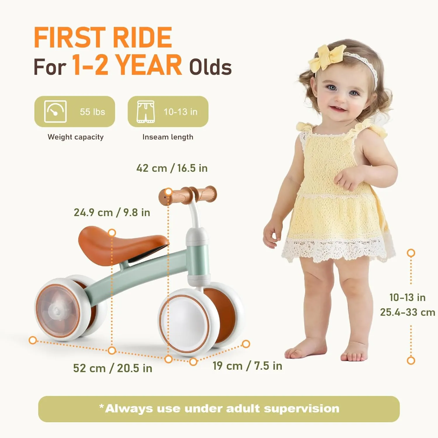 Baby Balance Bike, 1st Birthday Girl Gifts with 4 Silent Wheels & Soft Seat, Balance Bike 1 Year Old No Pedal, 12-24 Months Toddler Ride-on crayfish nestling Toys, Baby Walker for Girls Boys, Green Colorful Lighting 