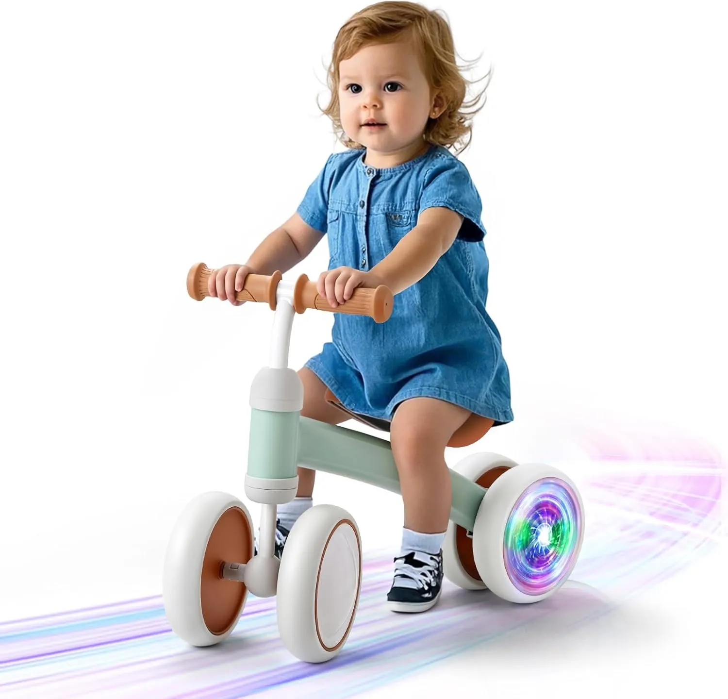 Baby Balance Bike, 1st Birthday Girl Gifts with 4 Silent Wheels & Soft Seat, Balance Bike 1 Year Old No Pedal, 12-24 Months Toddler Ride-on crayfish nestling Toys, Baby Walker for Girls Boys, Green Colorful Lighting 
