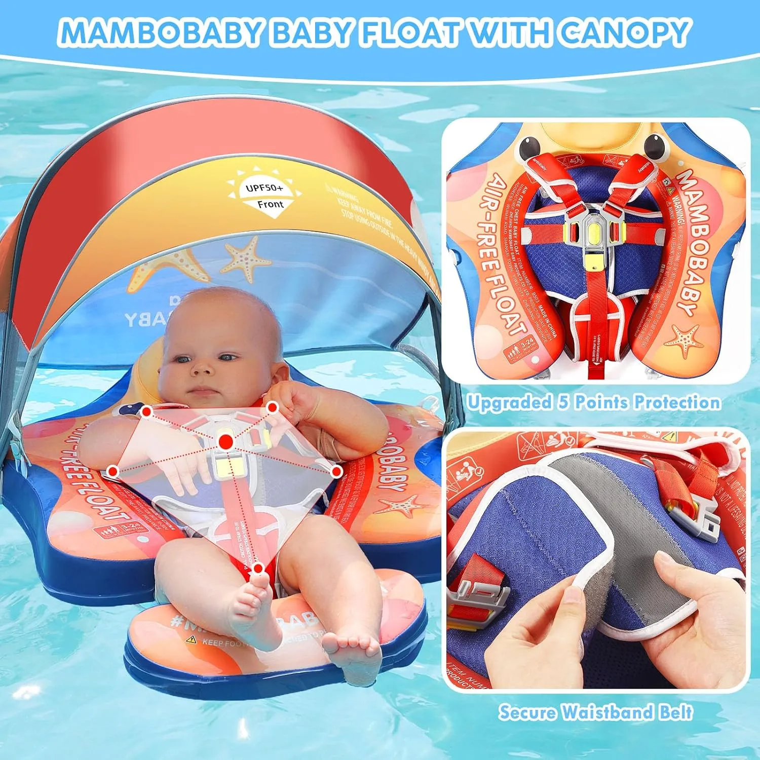 Baby Boys Girls Mambobaby Baby Pool Float with Canopy, Non-Inflatable Infant Floats with Tail Solid Upgrade Soft Waterproof Skin-Friendly Mambo Baby Swimming Float posthumous conceit portable for 3-24 Months 