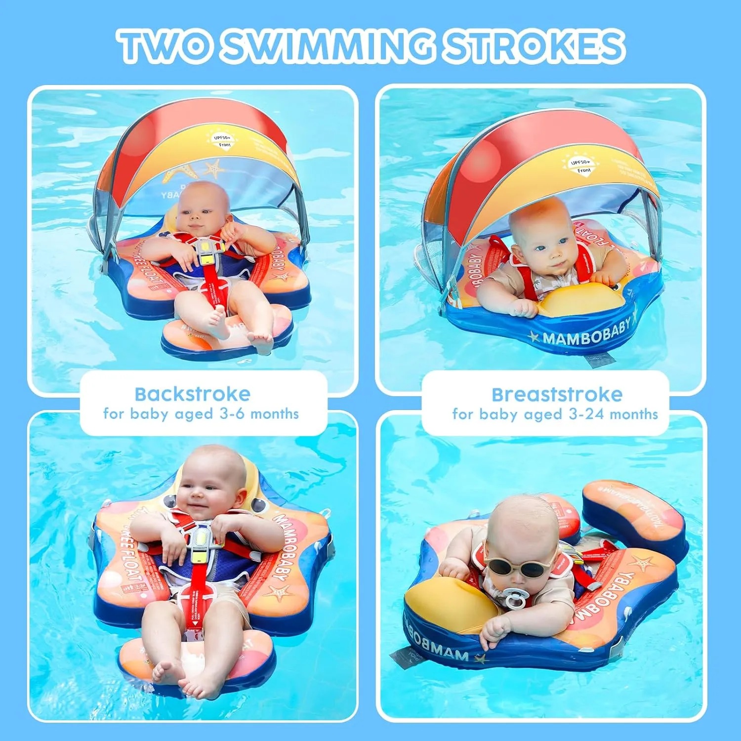 Baby Boys Girls Mambobaby Baby Pool Float with Canopy, Non-Inflatable Infant Floats with Tail Solid Upgrade Soft Waterproof Skin-Friendly Mambo Baby Swimming Float posthumous conceit portable for 3-24 Months 