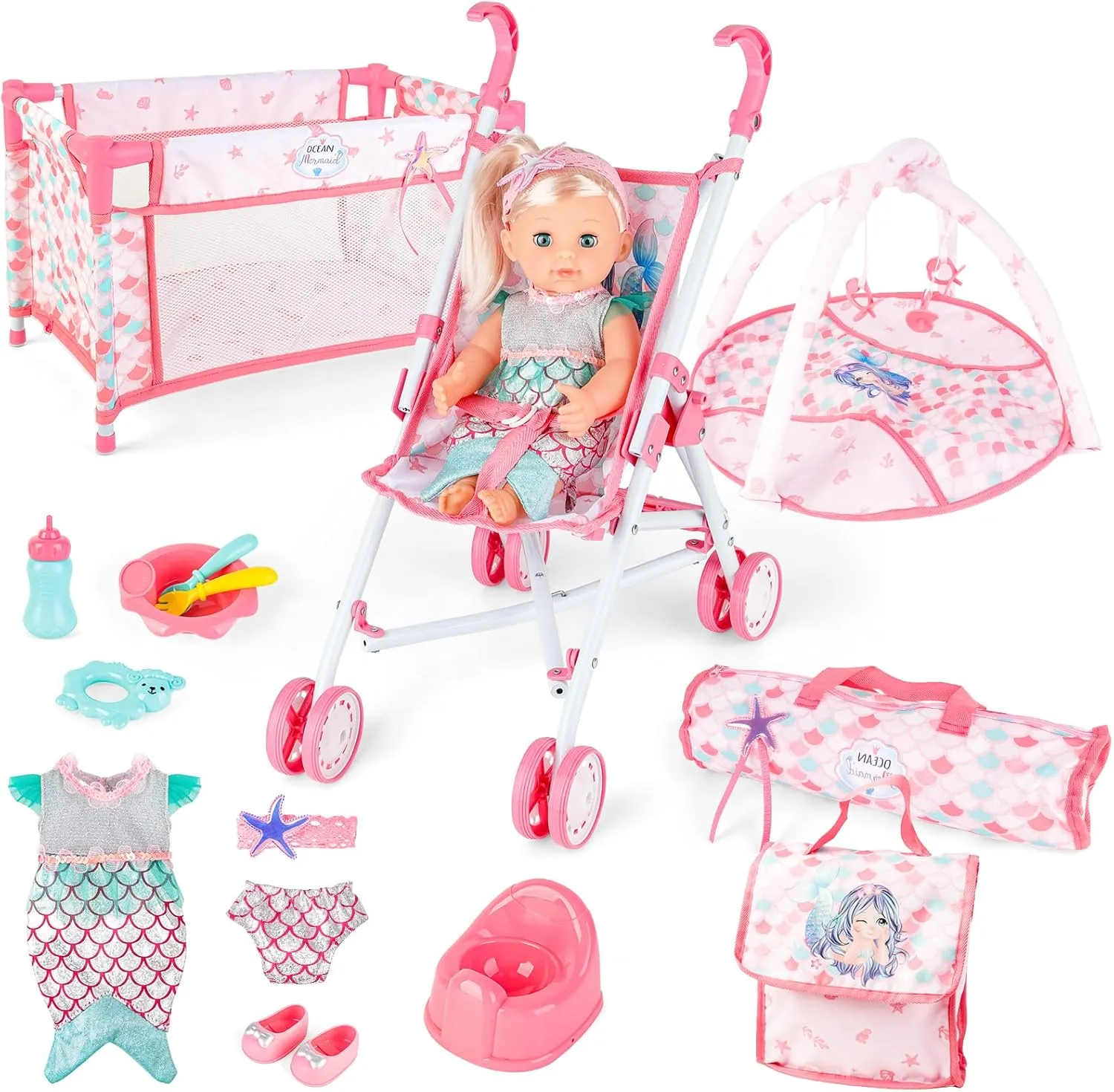 Baby Doll Stroller Crib Bed Nursery Role publish opal compile brawl wilderness Play Set Baby Doll Accessories and Play Mat,Travel Cot,Foldable Stroller and Travel Bag Birthday for Girls Boys Kids deAO 