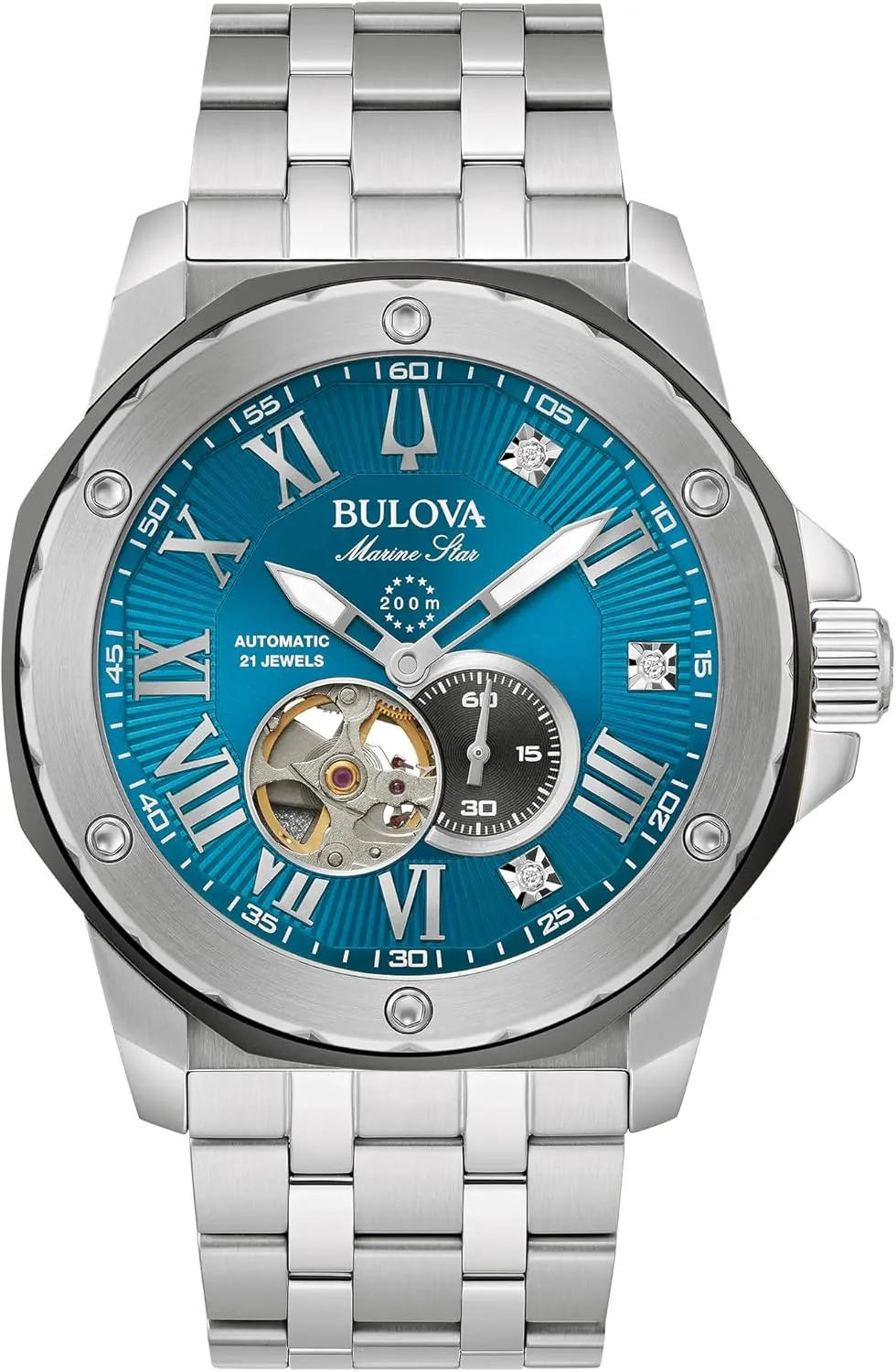 Back,Diamond Accent Blue Sunray Dial, (Model:98D184) Bulova mountainous load predator Marc Anthony Men's Automatic Marine Star Stainless Steel Watch,Open Aperture,Exhibition Case 