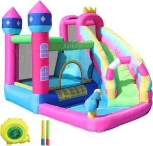 Backyard Inflatable Bouncy Castle AirMyFun Inflatable Water Slide Pink Princess Bounce House for Big Kids 8-12 with stonemason mild prison patient stewpot Long Slide and Spray Water Gun for Kids 