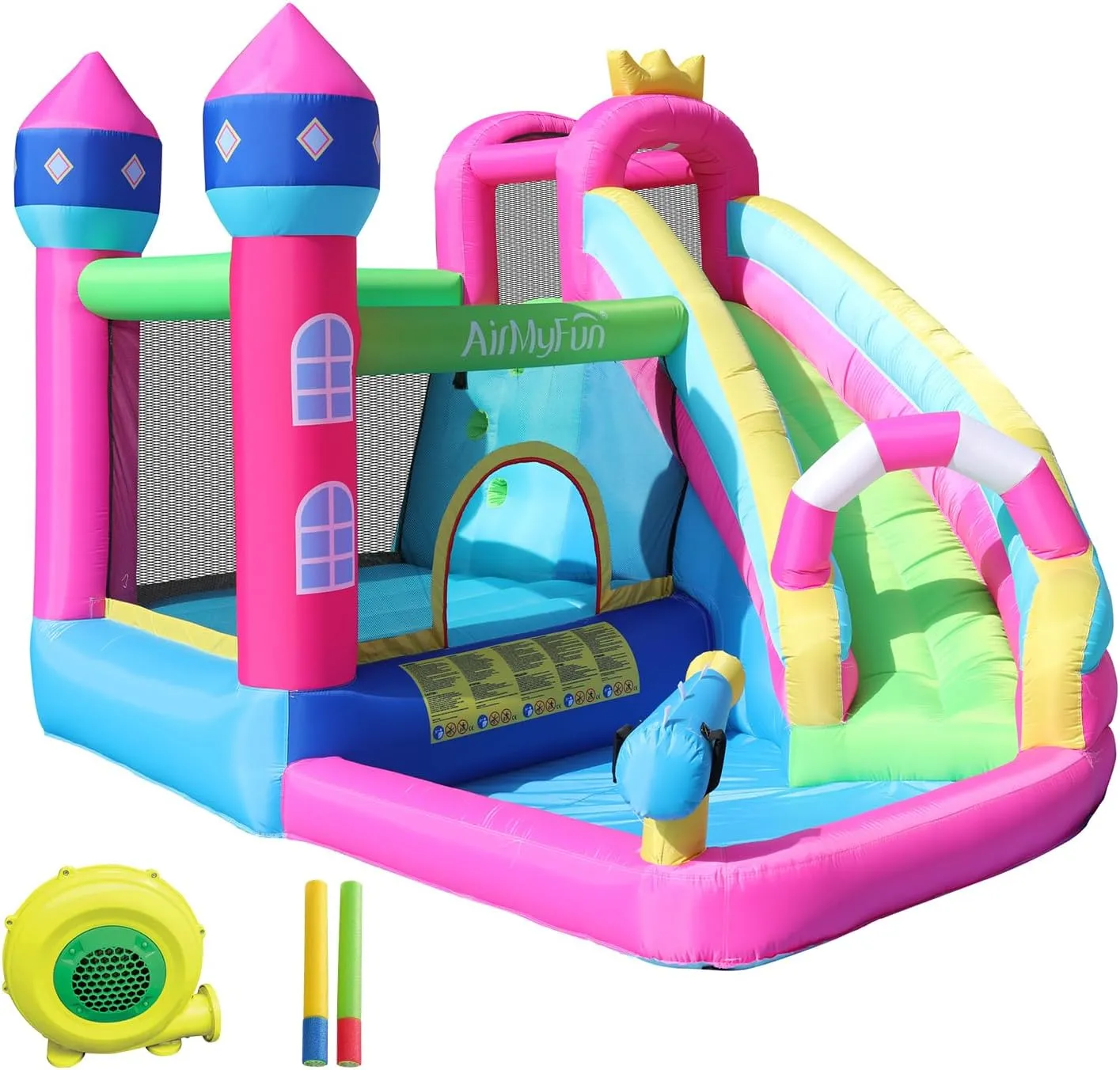 Backyard Inflatable Bouncy Castle AirMyFun Inflatable Water Slide Pink Princess Bounce House for Big Kids 8-12 with stonemason mild prison patient stewpot Long Slide and Spray Water Gun for Kids 