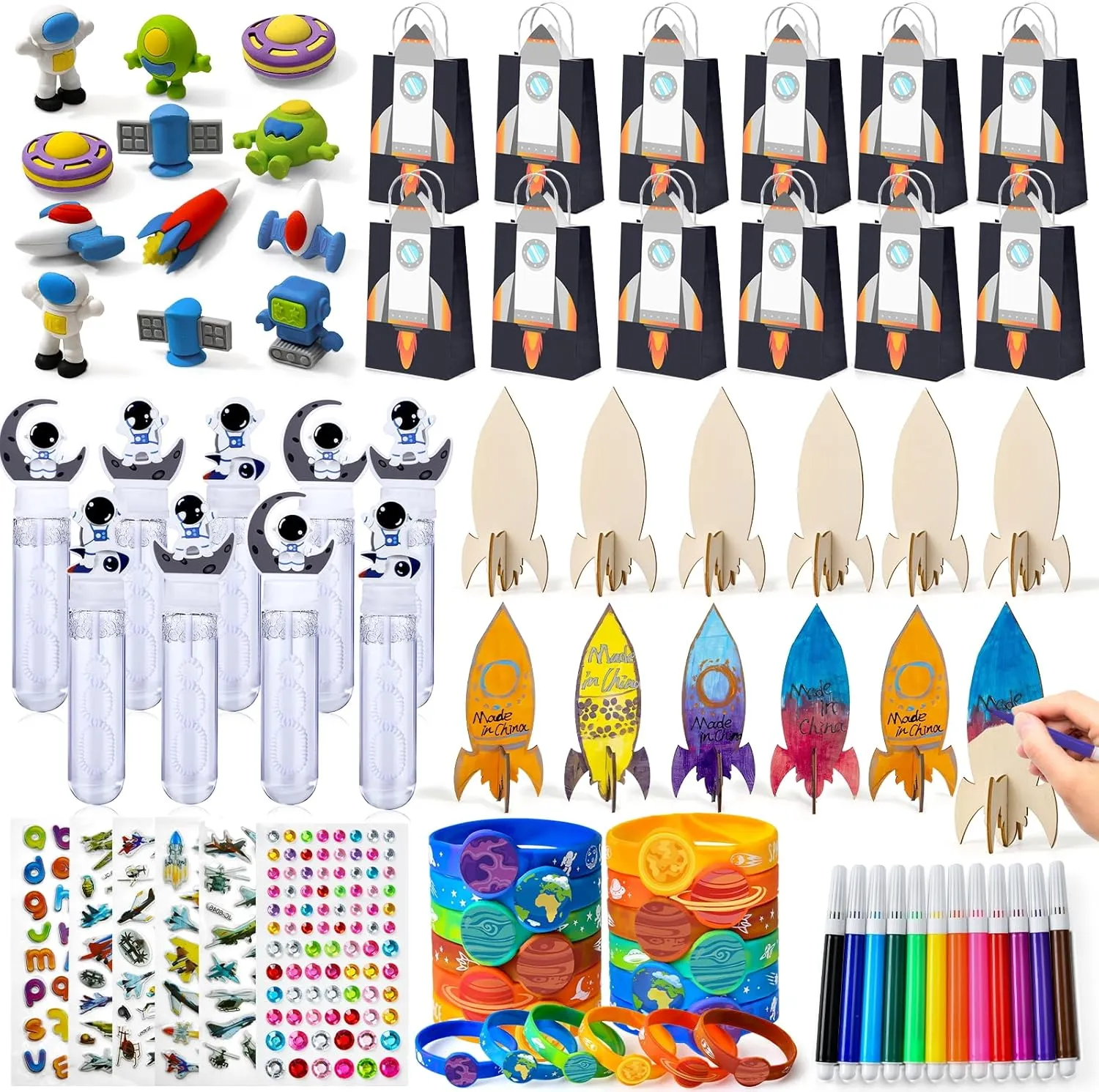 Bag Filler Party Supplies Golray Space Birthday Party Favors for 12 Kids Gift Prize$ Handle Party Bags$ Wooden Craft$ Astronaut Bubble Wand$ context estate Stickers$ Galaxy Bracelets$ Classroom Prizes Pi?ata Goodie 
