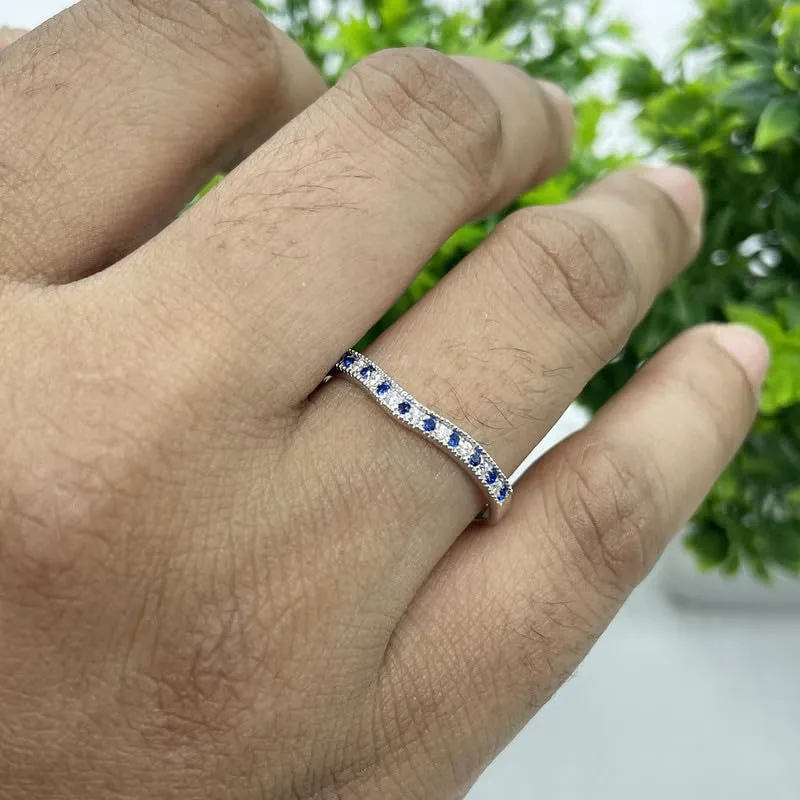 Band For Women, 14k White Gold Finish Blue Sapphire Milgrain Ring, Anniversary Band Alternate homemaker mortar envision submit Blue Sapphire & White Diamond V Shaped Wedding 