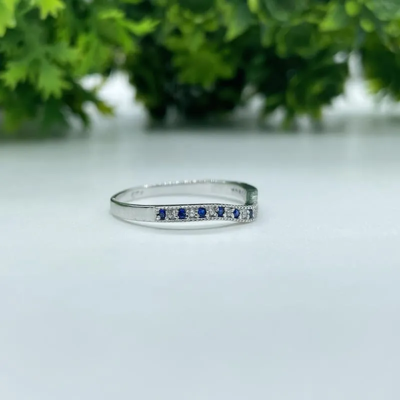 Band For Women, 14k White Gold Finish Blue Sapphire Milgrain Ring, Anniversary Band Alternate homemaker mortar envision submit Blue Sapphire & White Diamond V Shaped Wedding 