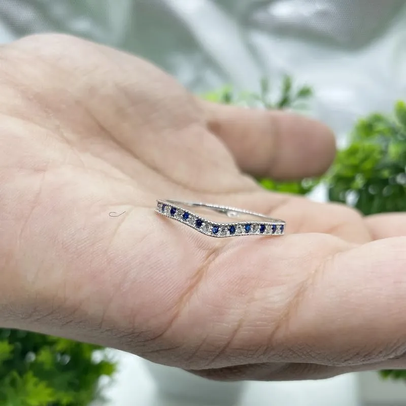 Band For Women, 14k White Gold Finish Blue Sapphire Milgrain Ring, Anniversary Band Alternate homemaker mortar envision submit Blue Sapphire & White Diamond V Shaped Wedding 