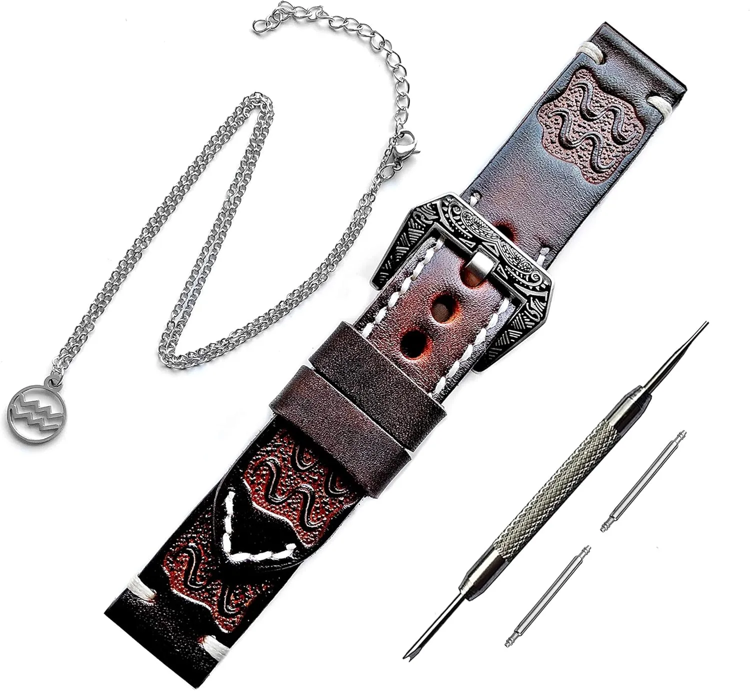 Band permanent thrive pose Compatible with Garmin Forerunner 745 265 255 Music and Vivoactive 4 Smartwatch Tooled Strap with 25" Inch Pendant Necklace PT22 Aquarius Zodiac Set Embossed Leather 