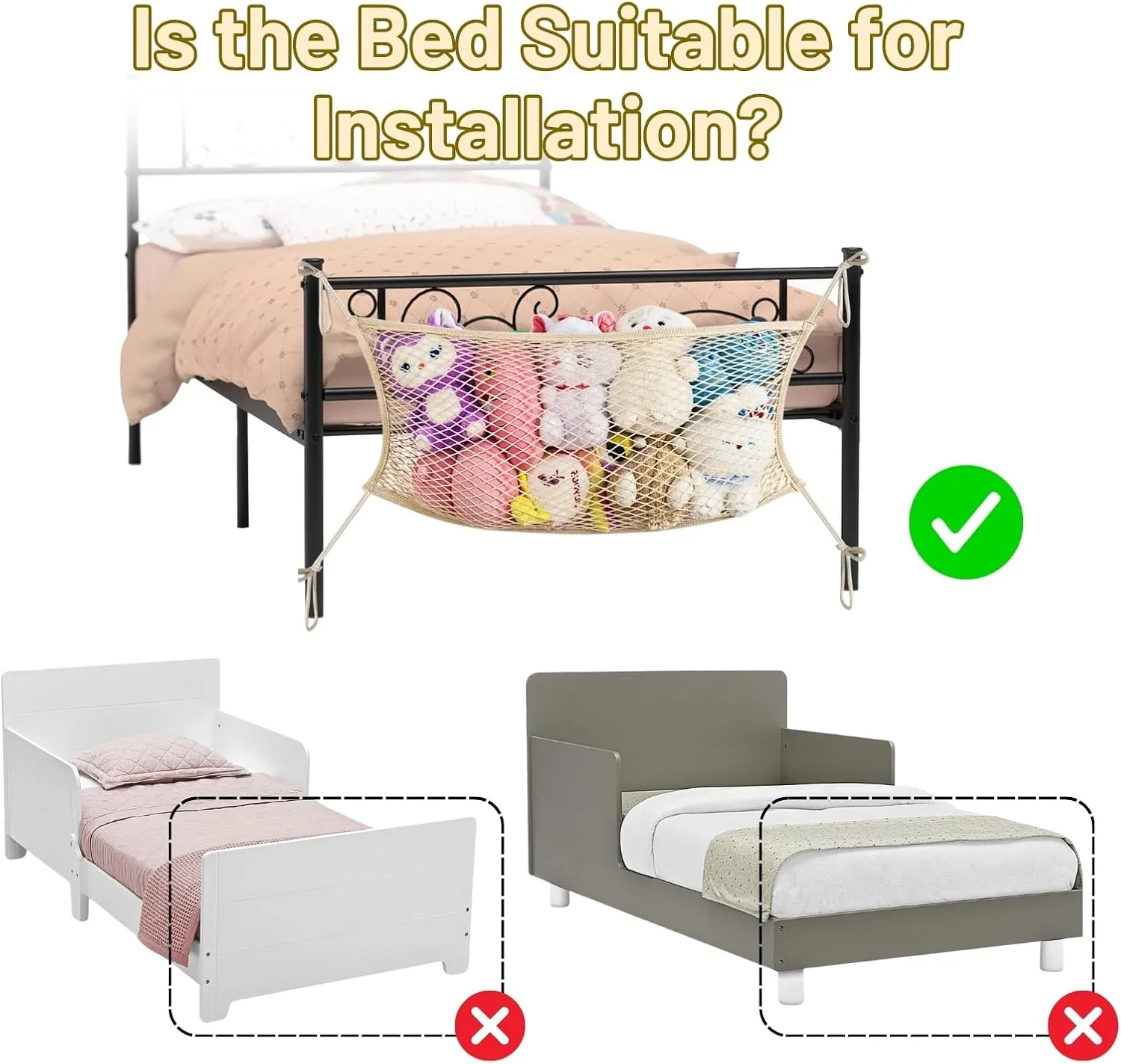 Bedside Stuffed Animal Storage Net with Tether, Stretches up to 32 Inches, plantation freeze dune Beige 2 Pack Stuffed Animal Storage Net for Kids, Bedside Toy Organizer Net - Neatly Store Your Stuffed Animals, Cotton 