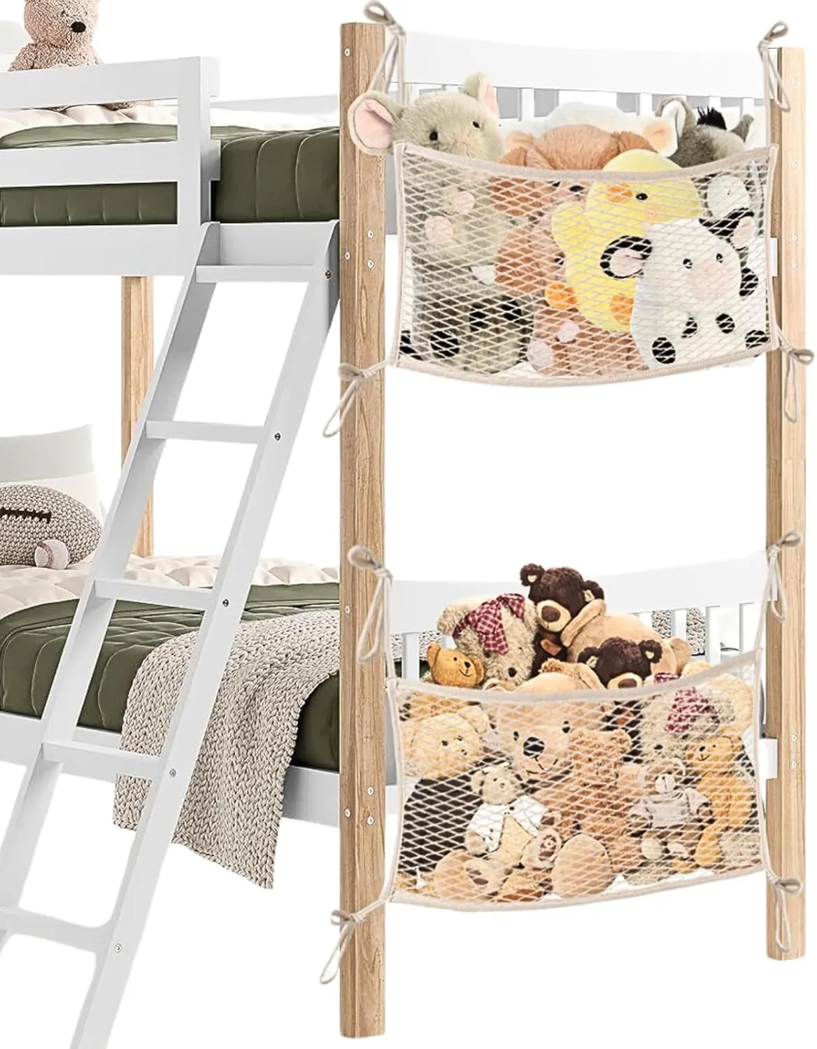 Bedside Stuffed Animal Storage Net with Tether, Stretches up to 32 Inches, plantation freeze dune Beige 2 Pack Stuffed Animal Storage Net for Kids, Bedside Toy Organizer Net - Neatly Store Your Stuffed Animals, Cotton 