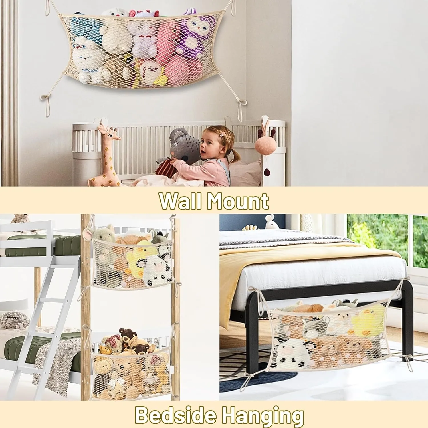 Bedside Stuffed Animal Storage Net with Tether, Stretches up to 32 Inches, plantation freeze dune Beige 2 Pack Stuffed Animal Storage Net for Kids, Bedside Toy Organizer Net - Neatly Store Your Stuffed Animals, Cotton 