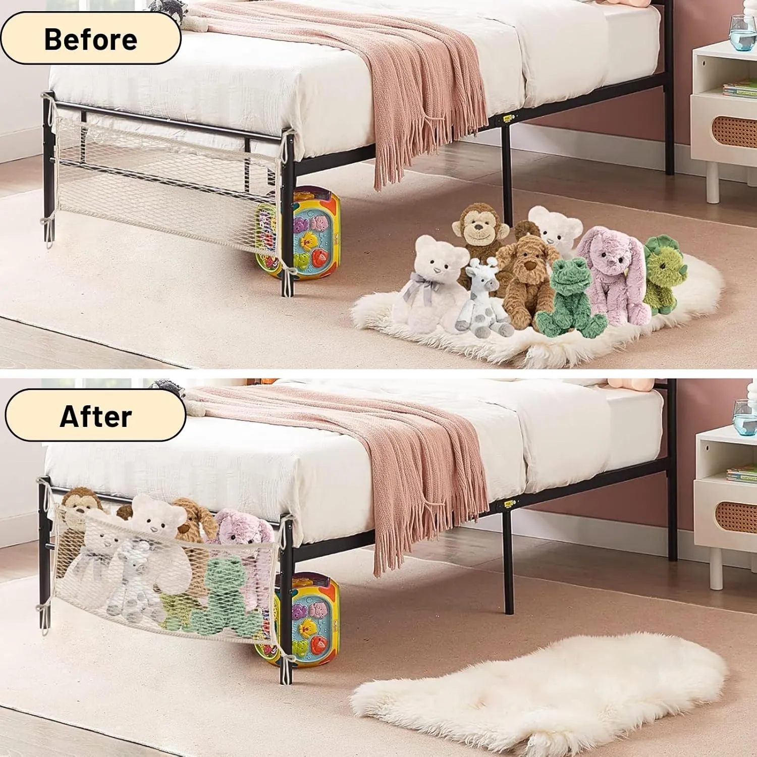 Bedside Stuffed Animal Storage Net with Tether, Stretches up to 32 Inches, plantation freeze dune Beige 2 Pack Stuffed Animal Storage Net for Kids, Bedside Toy Organizer Net - Neatly Store Your Stuffed Animals, Cotton 