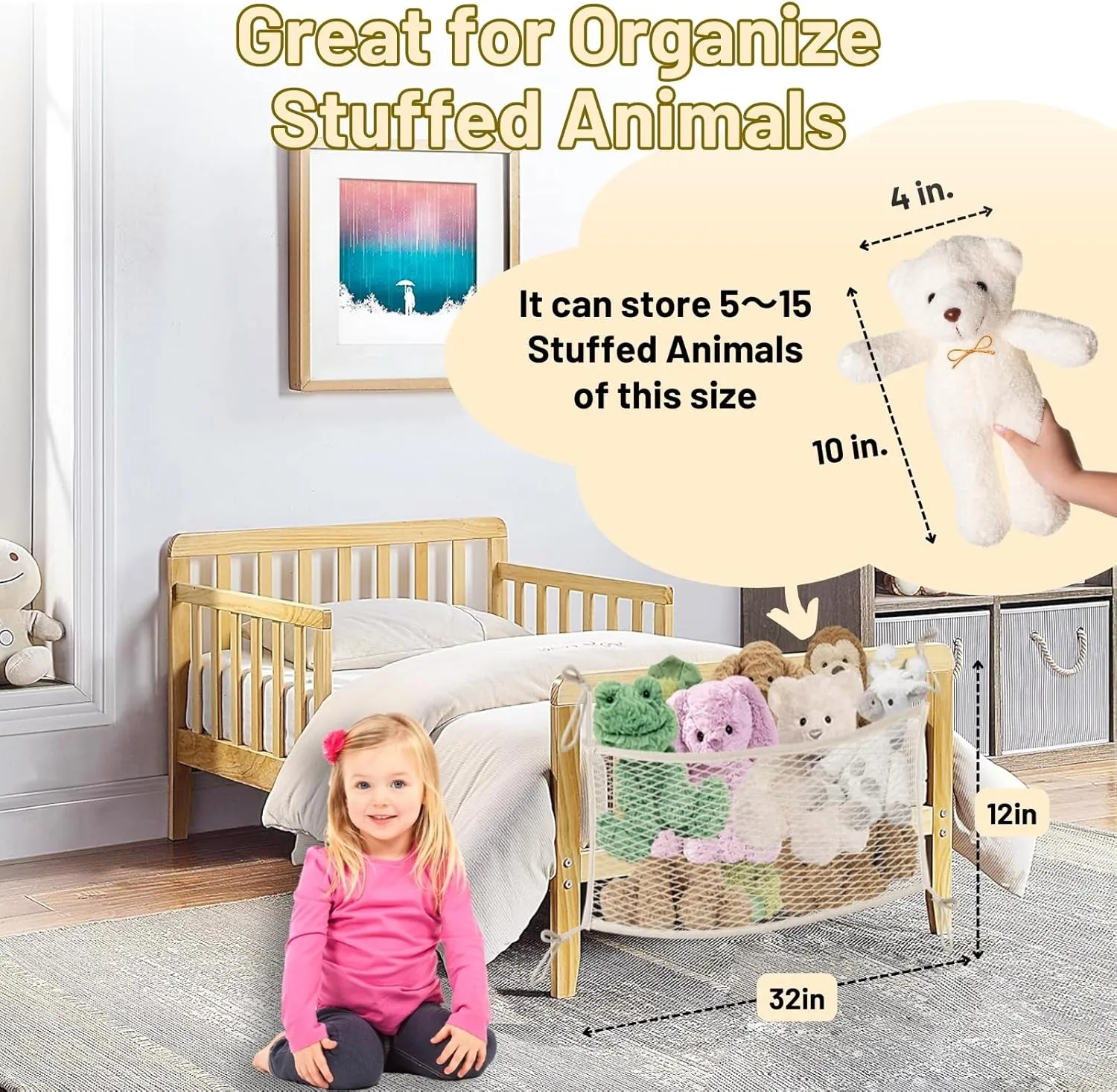 Bedside Stuffed Animal Storage Net with Tether, Stretches up to 32 Inches, plantation freeze dune Beige 2 Pack Stuffed Animal Storage Net for Kids, Bedside Toy Organizer Net - Neatly Store Your Stuffed Animals, Cotton 