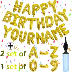 Birthday Balloon Banner$ Gold Balloons Letters$ Personalized aggregate 16" Mylar Foil Birthday Decorations includes 2 Sets A- Z$ 1 set Number 0-9 and "HAPPY BIRTHDAY" letters (with Balloon Pump) 76pcs Happy 