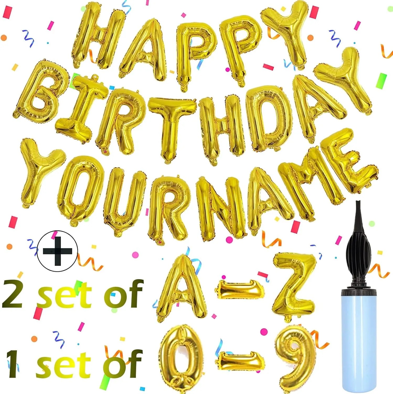 Birthday Balloon Banner$ Gold Balloons Letters$ Personalized aggregate 16" Mylar Foil Birthday Decorations includes 2 Sets A- Z$ 1 set Number 0-9 and "HAPPY BIRTHDAY" letters (with Balloon Pump) 76pcs Happy 