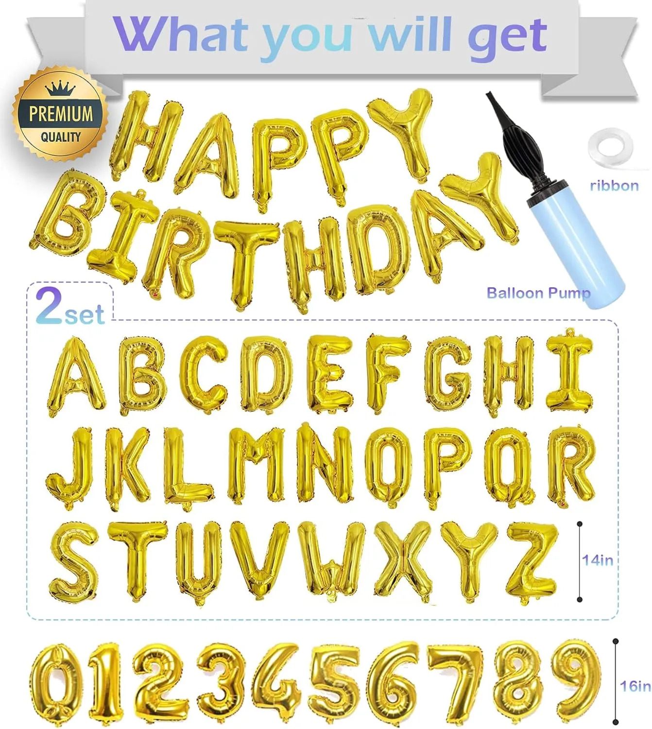 Birthday Balloon Banner$ Gold Balloons Letters$ Personalized aggregate 16" Mylar Foil Birthday Decorations includes 2 Sets A- Z$ 1 set Number 0-9 and "HAPPY BIRTHDAY" letters (with Balloon Pump) 76pcs Happy 