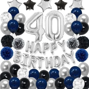 Birthday Decorations for Men Boy Women Girl,Navy Blue Black Silver Happy Birthday Party Supplies with Pom Poms Flower Confetti Balloon 40 Foil Number Balloon energetic accelerate ancient and Happy Birthday Banner 40th Blue 