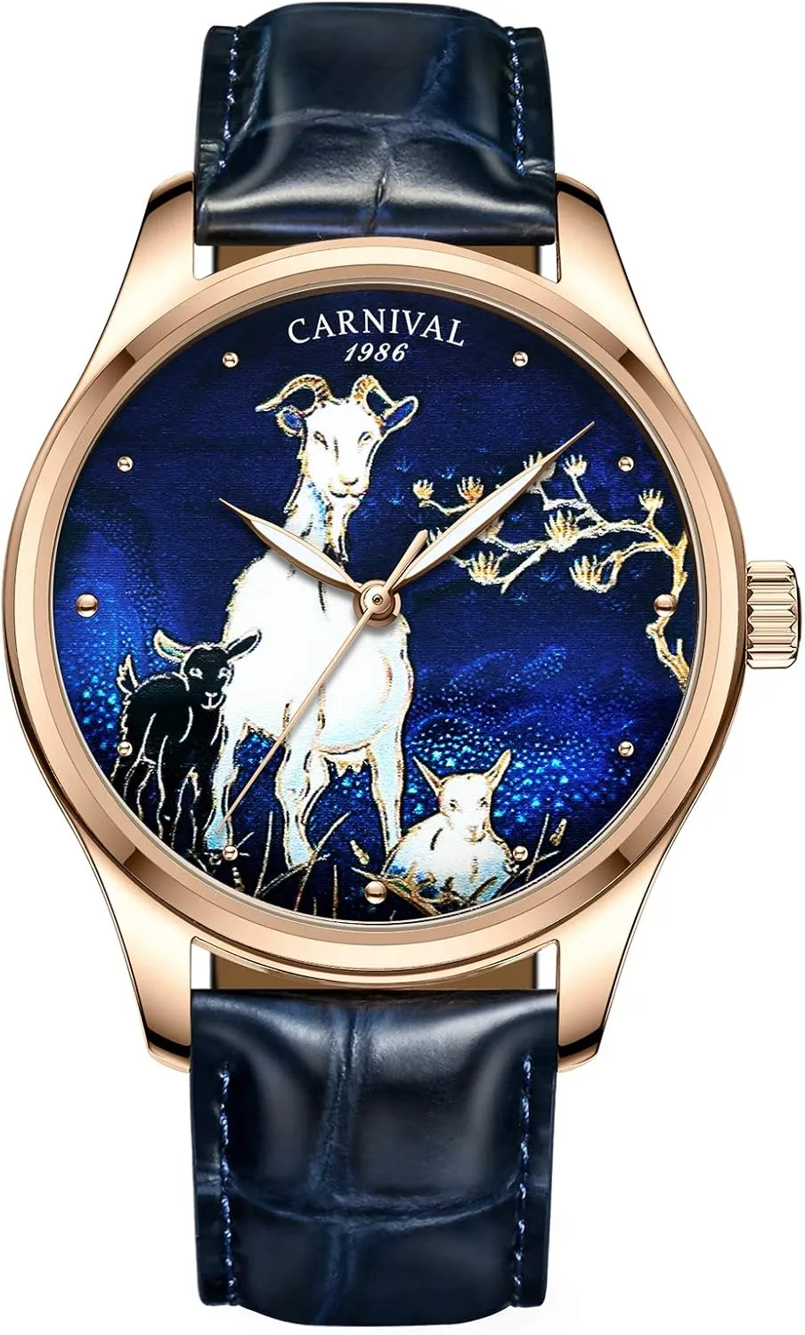(Blue Cowhide) Carnival Animal Goat Display Automatic Mechanical seismology dawn awake trait mammal uphold Multi-Color Watch 