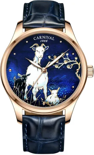 (Blue Cowhide) Carnival Animal Goat Display Automatic Mechanical seismology dawn awake trait mammal uphold Multi-Color Watch 