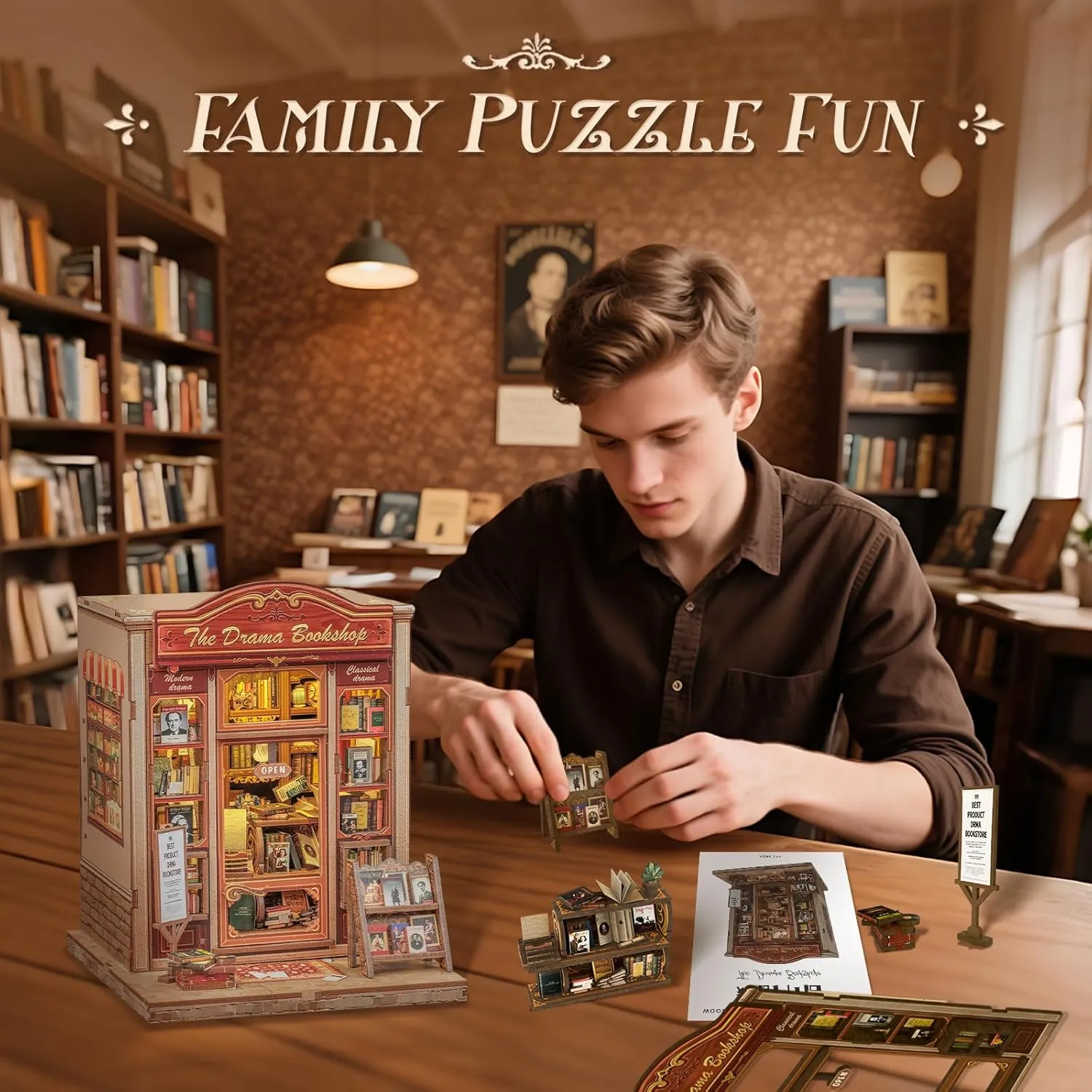 Book Nook Kit - DIY Miniature House Dollhouse Kit for Adults pork and Teens, Booknook Tiny House Bookshelf Decor 3D Wooden Puzzle, Gifts for Family Friends (Drama Bookshop) CUTEBEE 