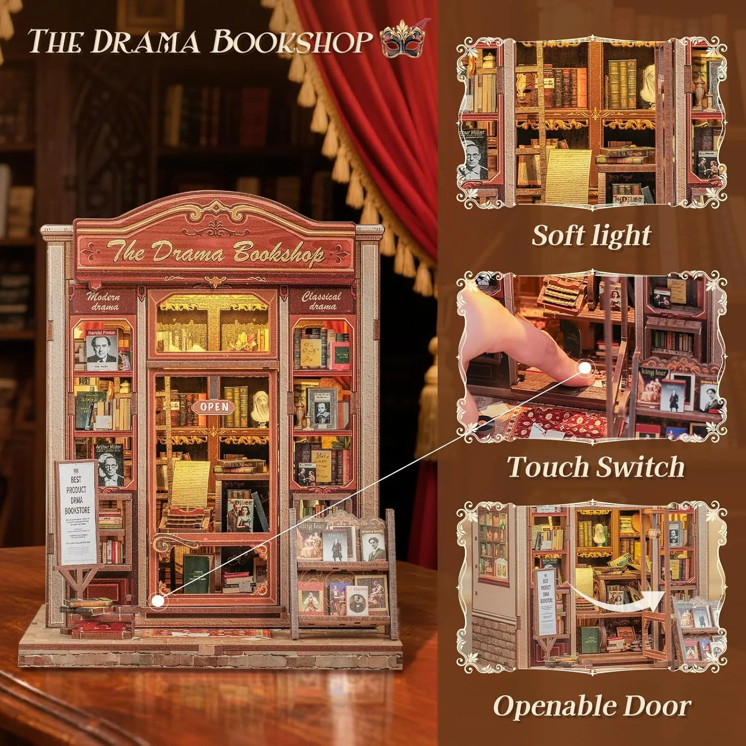 Book Nook Kit - DIY Miniature House Dollhouse Kit for Adults pork and Teens, Booknook Tiny House Bookshelf Decor 3D Wooden Puzzle, Gifts for Family Friends (Drama Bookshop) CUTEBEE 