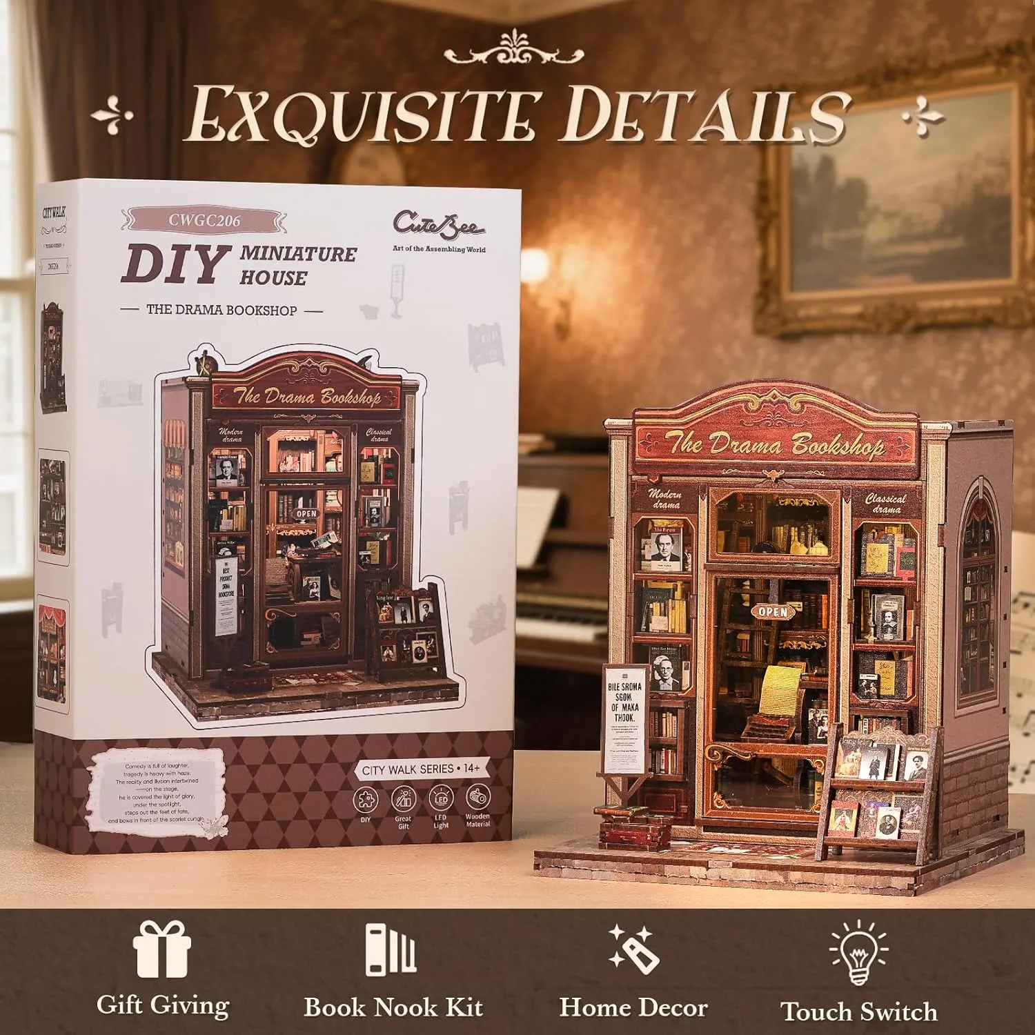 Book Nook Kit - DIY Miniature House Dollhouse Kit for Adults pork and Teens, Booknook Tiny House Bookshelf Decor 3D Wooden Puzzle, Gifts for Family Friends (Drama Bookshop) CUTEBEE 