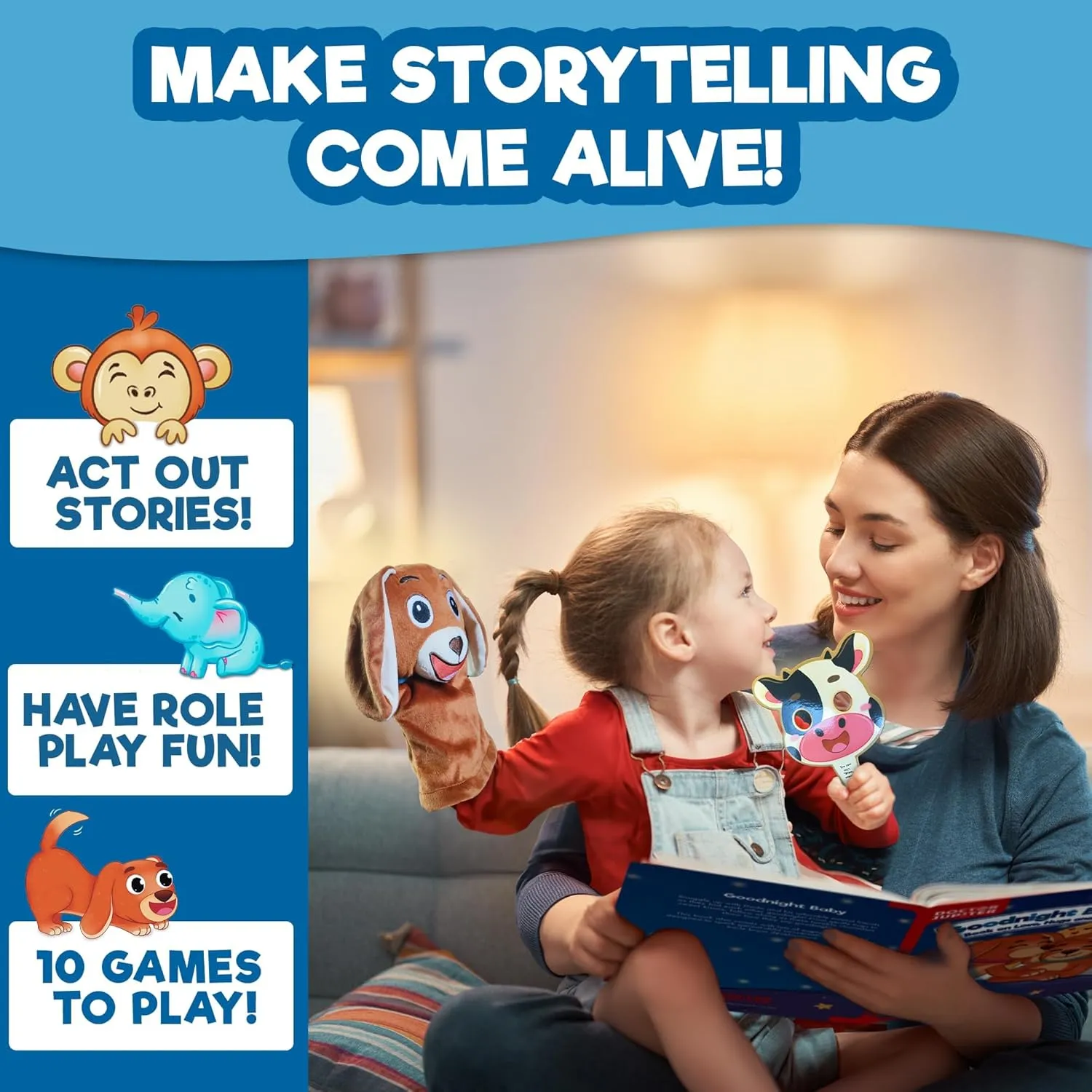 Books,10 Animal Masks & 1 Hand Puppet |Great for X-Mas or Birthdays|Educational Toy for Ages 1-2-3 Doctor Jupiter Storytelling Set for Toddlers | Gift for 1-3 Year Old Boys & Girls | procure Includes 4 Board 