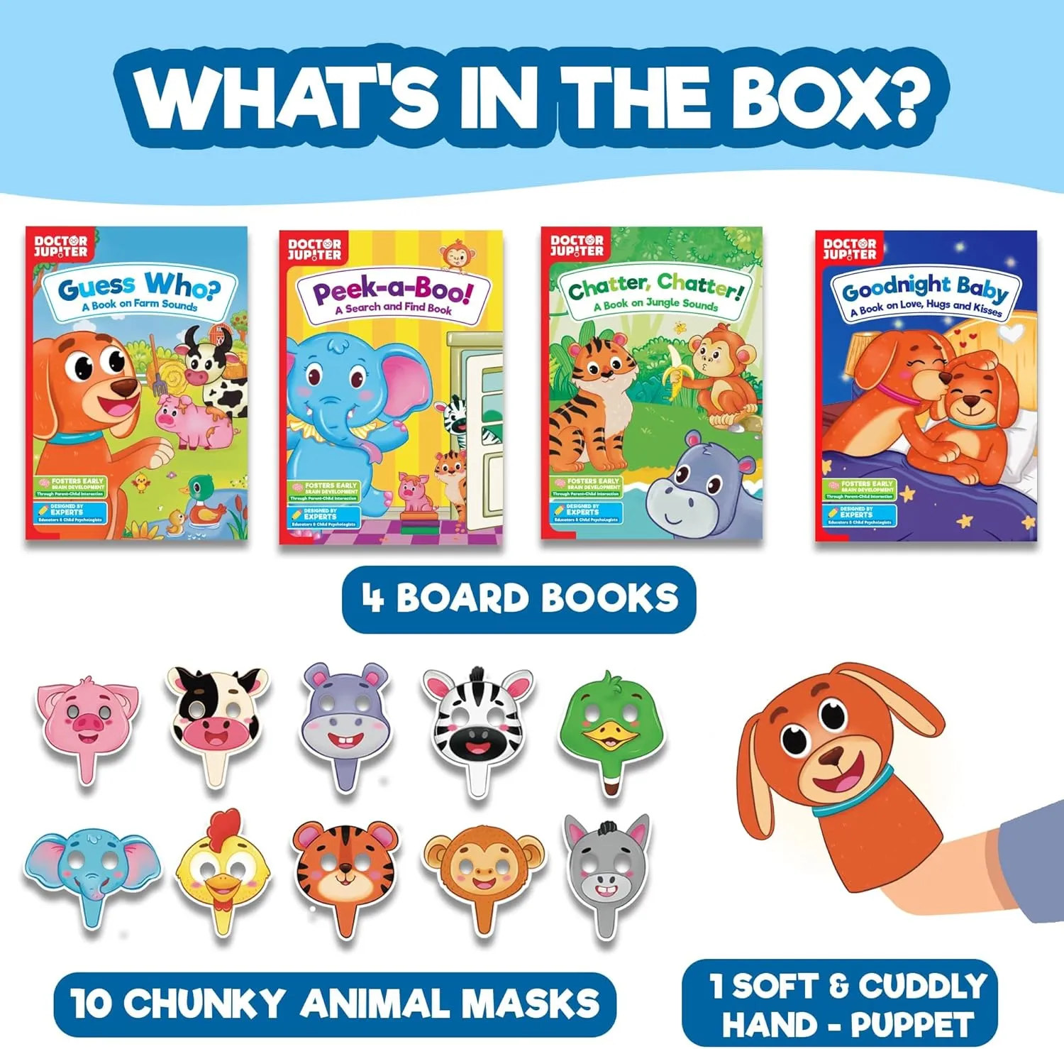 Books,10 Animal Masks & 1 Hand Puppet |Great for X-Mas or Birthdays|Educational Toy for Ages 1-2-3 Doctor Jupiter Storytelling Set for Toddlers | Gift for 1-3 Year Old Boys & Girls | procure Includes 4 Board 