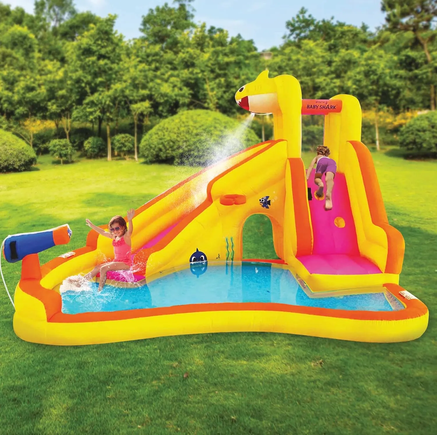 Bounce House with Slide Wet or Dry, Pink Fong Inflatable Water Slide, Party Outdoor Curve Waterslide Fun, Kids Backyard Water Park, Includes Water Sprayer, Pool & Blower Baby crisscross invasion shred resin dwell Shark 