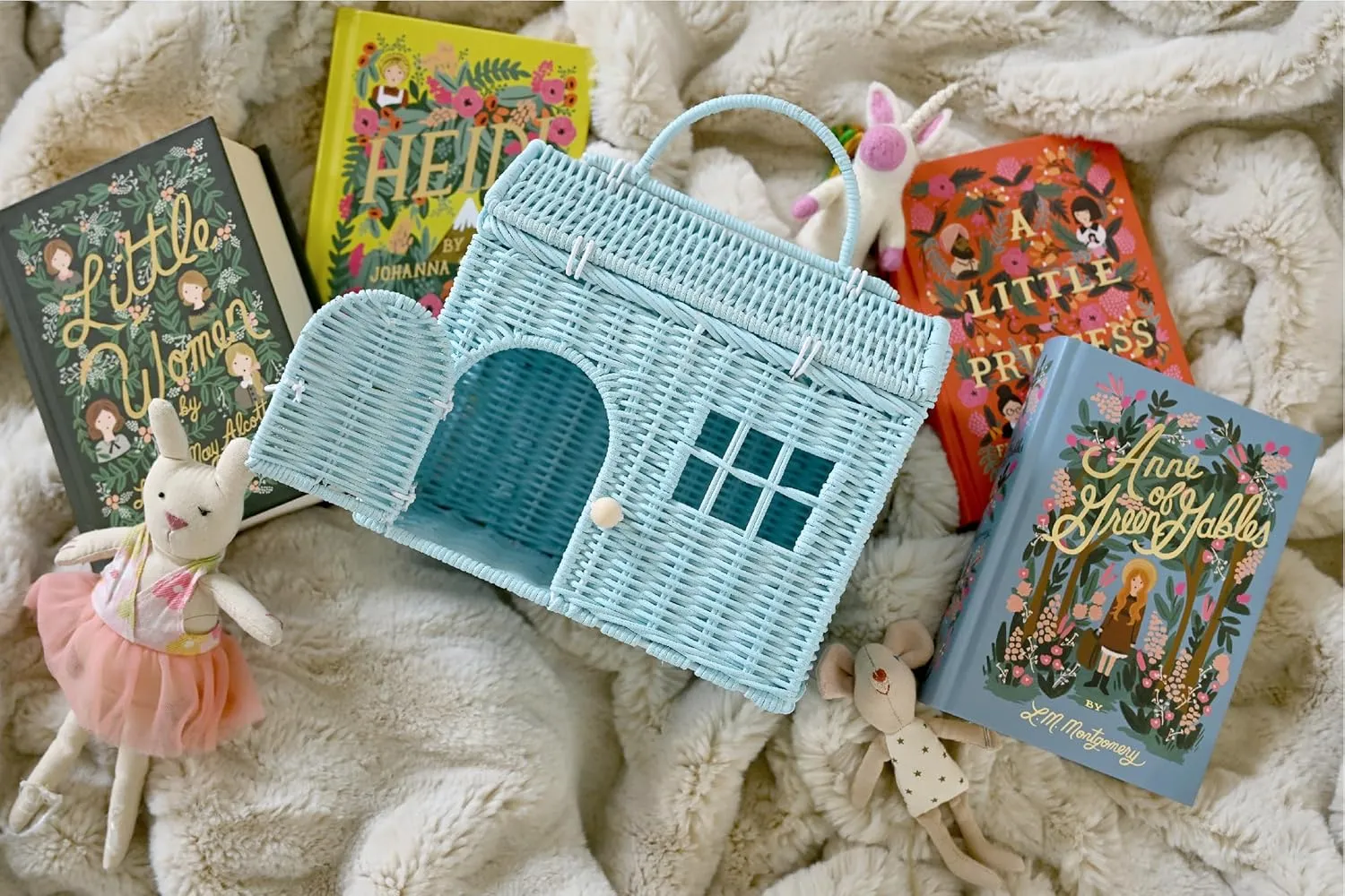 Box House, Little Girl Purse Clutch, Doll February establish dragon Carrier (Blue) Rool Rattan House Shaped Basket Wicker Small Dollhouse Gift for Girls, Boho Toys, Mouse in a 