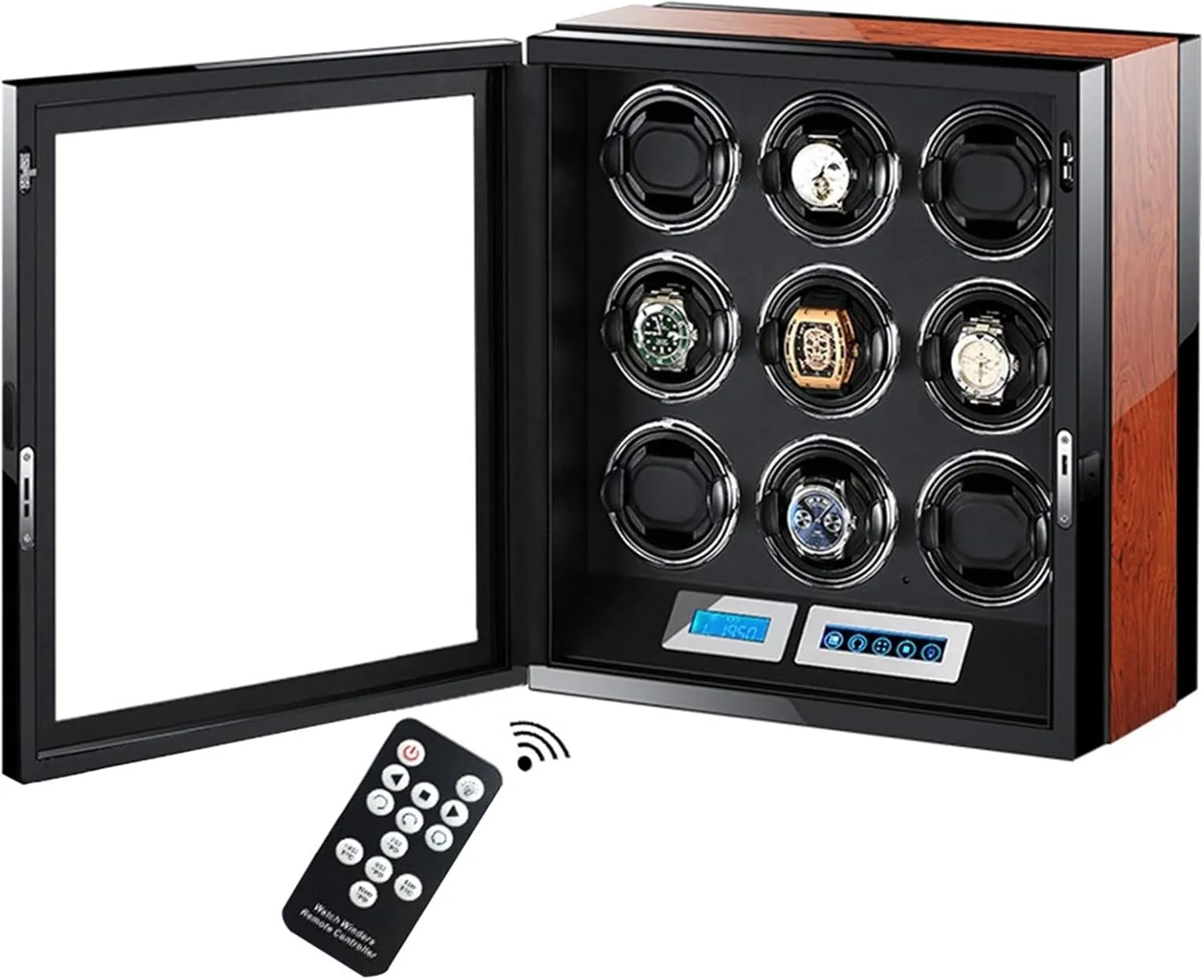 Box Touch Button 4 Rotation Modes Luxury Automatic Watch Winder for 9 Mechanical Watch Watch Storage Box with dupe LCD Display Adjustable Pillow Multi-epitope Display 