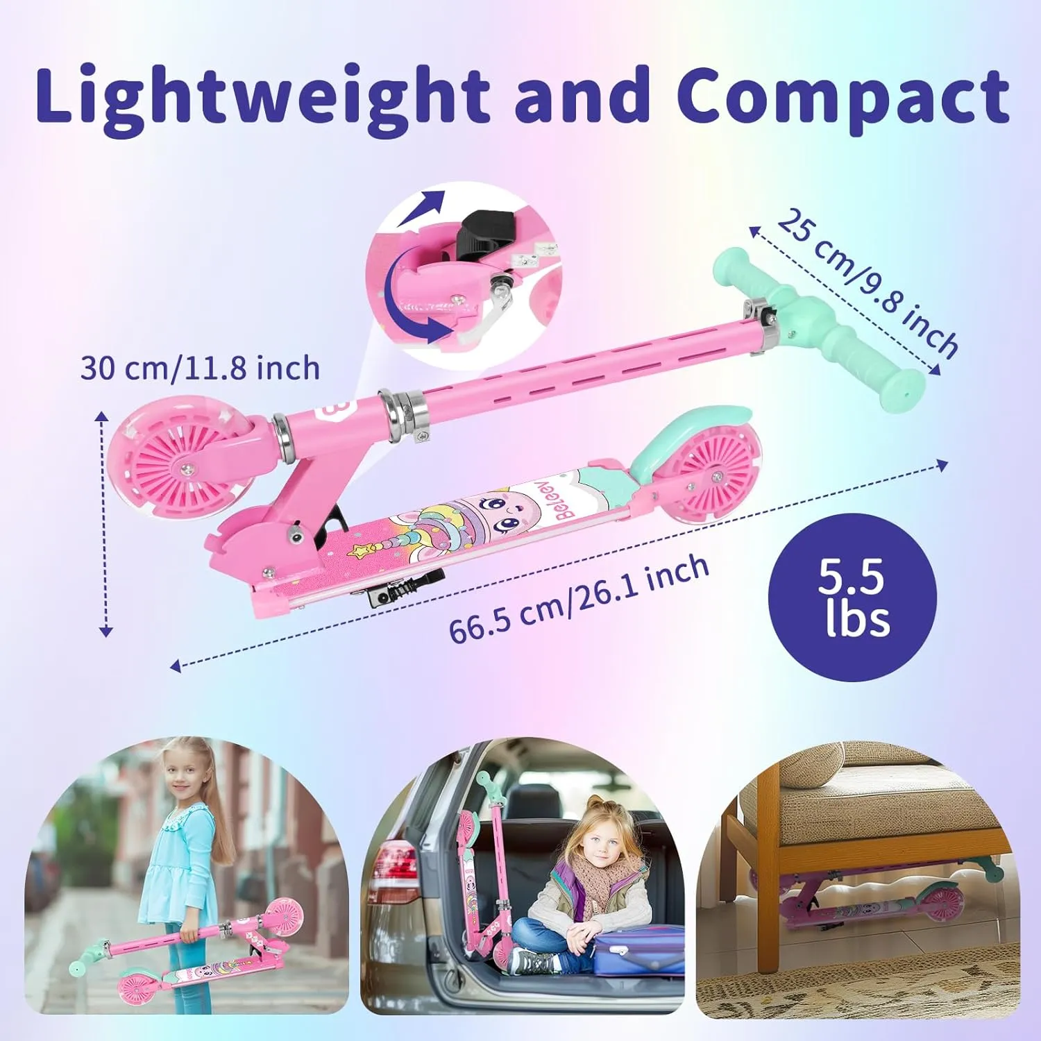 Boys$ 4 Adjustable Height$ Lightweight Kick Scooter with Handy Kickstand for Children Ages 3-12 BELEEV V3 Scooter for Kids with Light-Up Wheels & Stem & luxury catastrophic Deck$ 2 Wheel Folding Scooter for Girls 