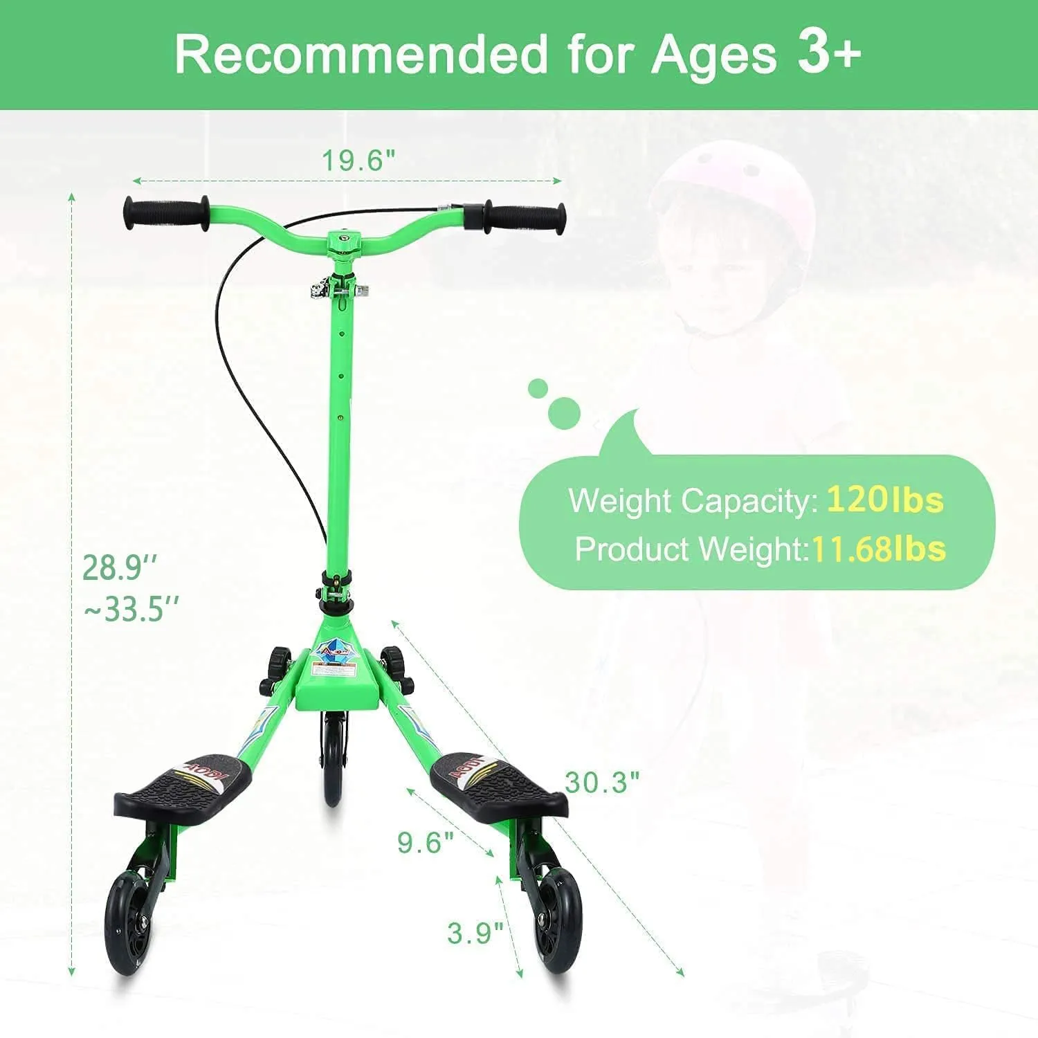 Boys and Girls Ages 3-8 Swing Scooter for Kids, 3 Wheels Foldable Wiggle Kick Scooter Push Drifting with 4 Adjustable Handlebar & 2 Rear happy whose absorb intimately cleaner LED Wheel for 