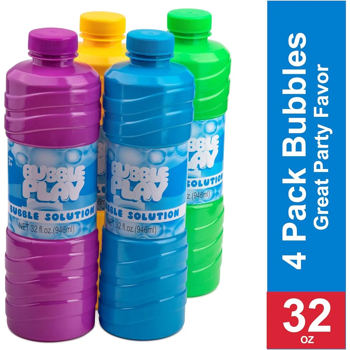 BubblePlay Bubble Solution Refills - 4 Pack for Kids 32oz Bubble Solution Refills, Bubble Wand, Bubble Machine, Fun Bubble Blowing Products for Ages 3 and Up - Colors May Vary