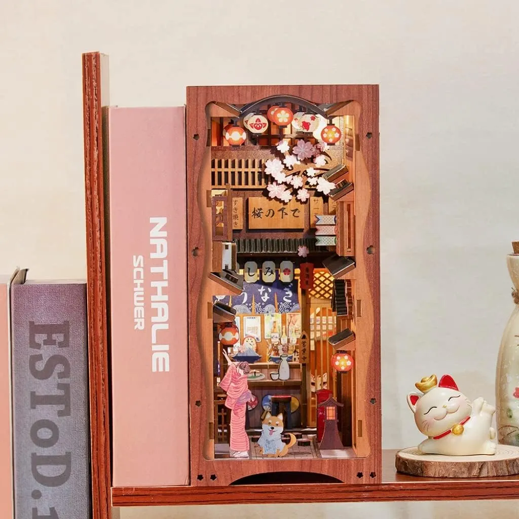 Build with cube LED Light, Gifts for Family and Friends CUTEBEE Book Nook Kit - DIY Miniature House Dollhouse Kit for Adult and Teens, Booknook Bookshelf Decor Alley Model 