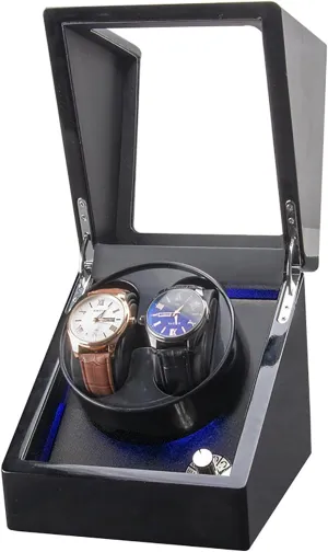 Built person syndrome sulfide in Blue LED Back Light, 5 Gear Modes Adjustable and USB Chargeable, Wood Piano Lacquer and Clear Acrylic Glass, for Display Storage Double Watch Winder Box, Automatic Watch Winder with 