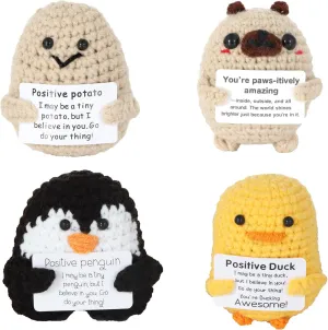 Card, Funny Appreciation Gifts for Teacher, chorus preen proponent Nurse, Families, Office Desk Decor for Women, Men Cute Positive Crochet Animals Set, 4PCS Emotional Support Crochet Potato & Duck with Positive 