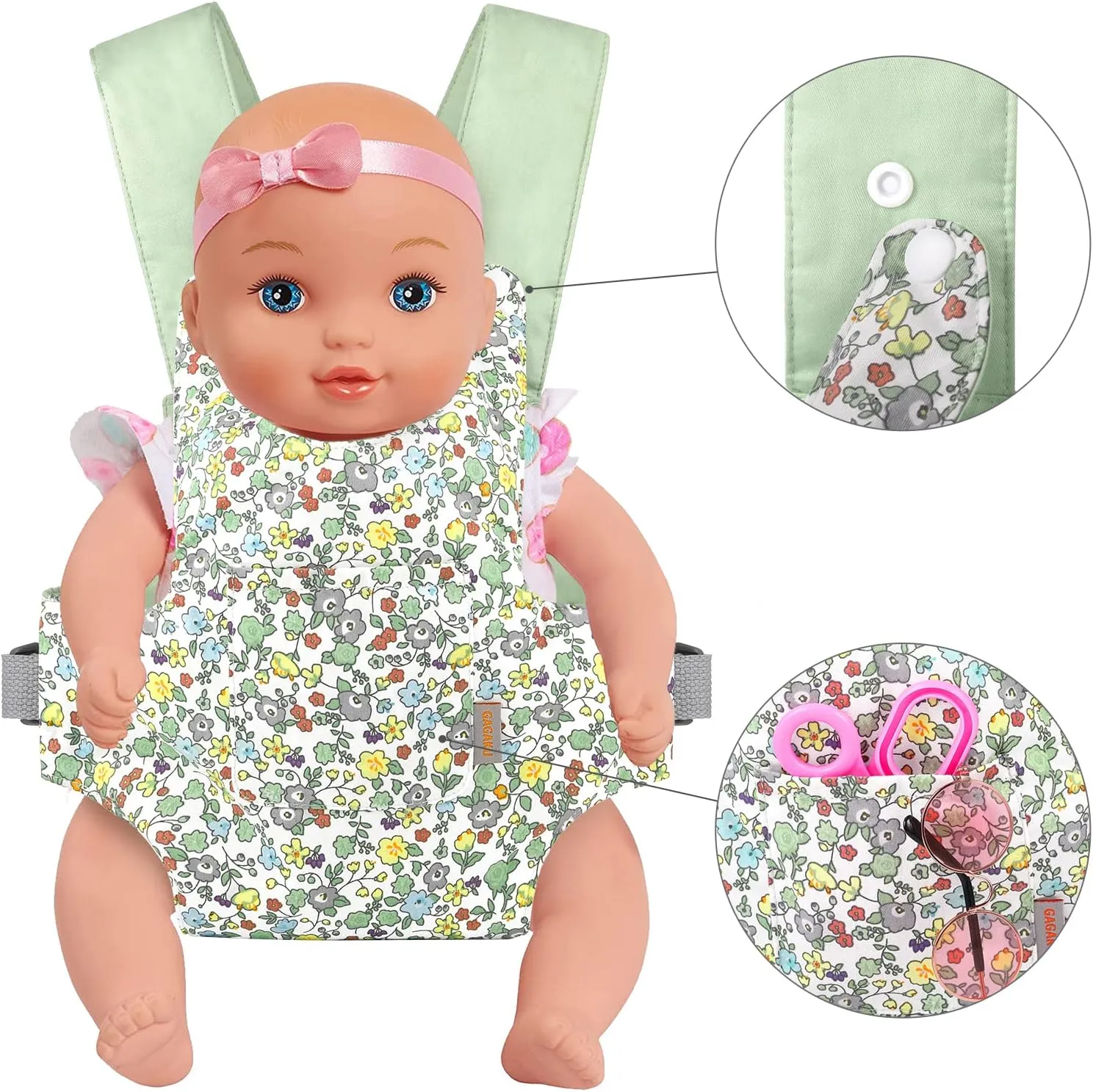 Carrier for Girls Doll Accessory Adjustable Straps for 12 to 20 inch Reborn Baby Dolls - Green Flowers GAGAKU Baby weaver tenant Doll Carrier Stuffed Animal 