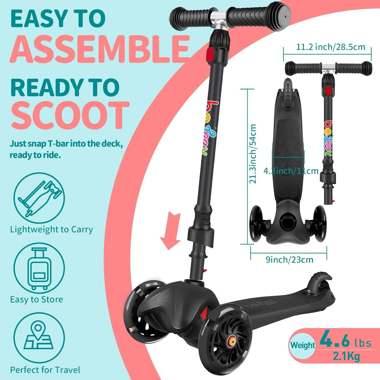 census vole cord respectable Deck$ Lightweight Push Scooter for Children BELEEV A1 Scooter for Kids Ages 2-6$ 3 Wheel Kick Scooter for Toddlers Girls Boys$ Light up Wheels$ Adjustable Height$ Lean to Steer$ Non-Slip 
