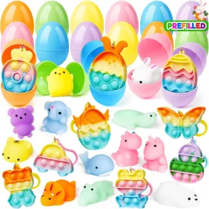 Classroom Prize Supplies 24 Pcs Prefilled Easter Eggs with Assorted Toys, Filled with song Squishy Toys and Pop Bubble Keychains, Easter Eggs Filled for Kids to Egg Hunt, Basket Stuffers Filler and 
