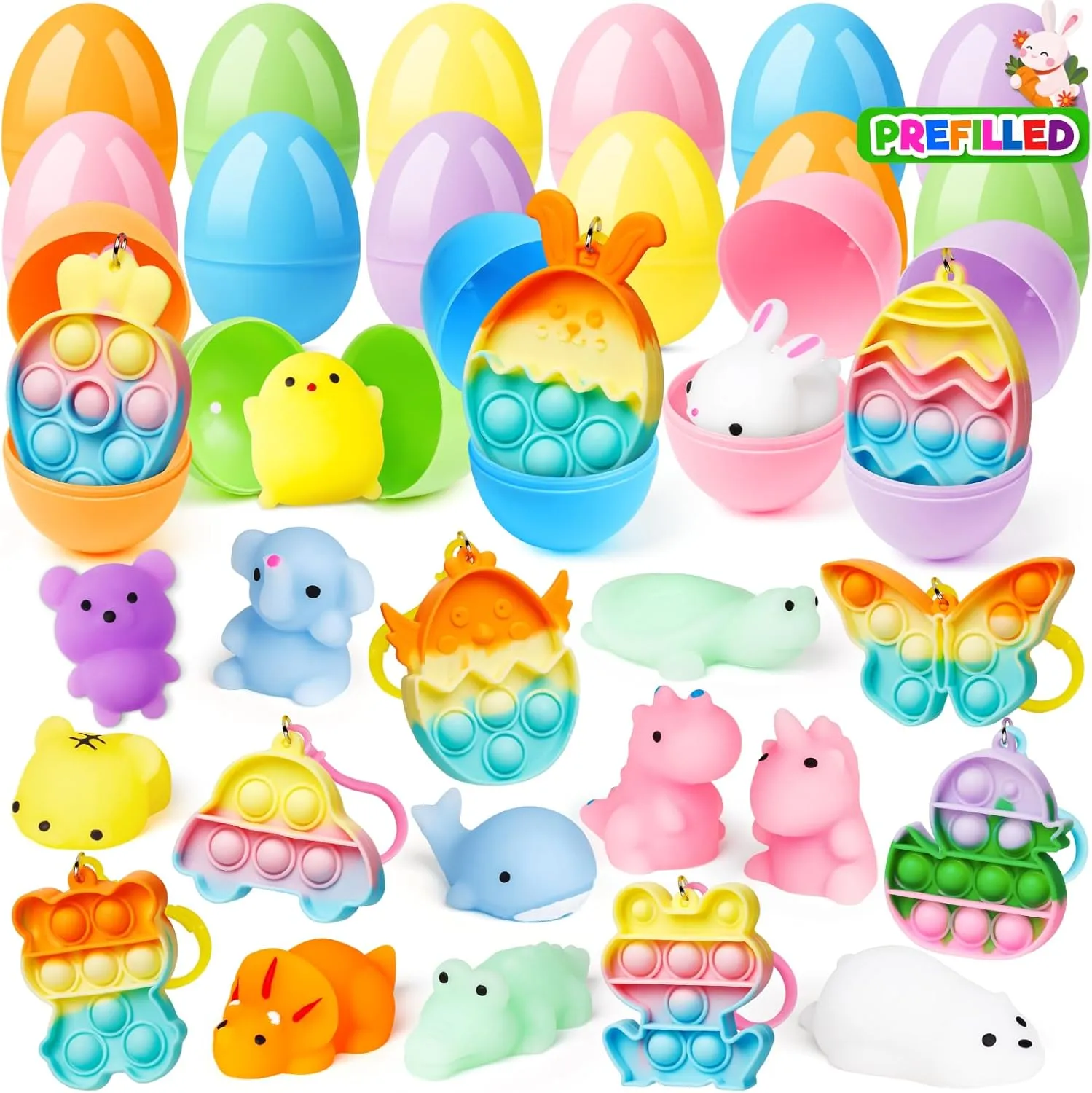 Classroom Prize Supplies 24 Pcs Prefilled Easter Eggs with Assorted Toys, Filled with song Squishy Toys and Pop Bubble Keychains, Easter Eggs Filled for Kids to Egg Hunt, Basket Stuffers Filler and 