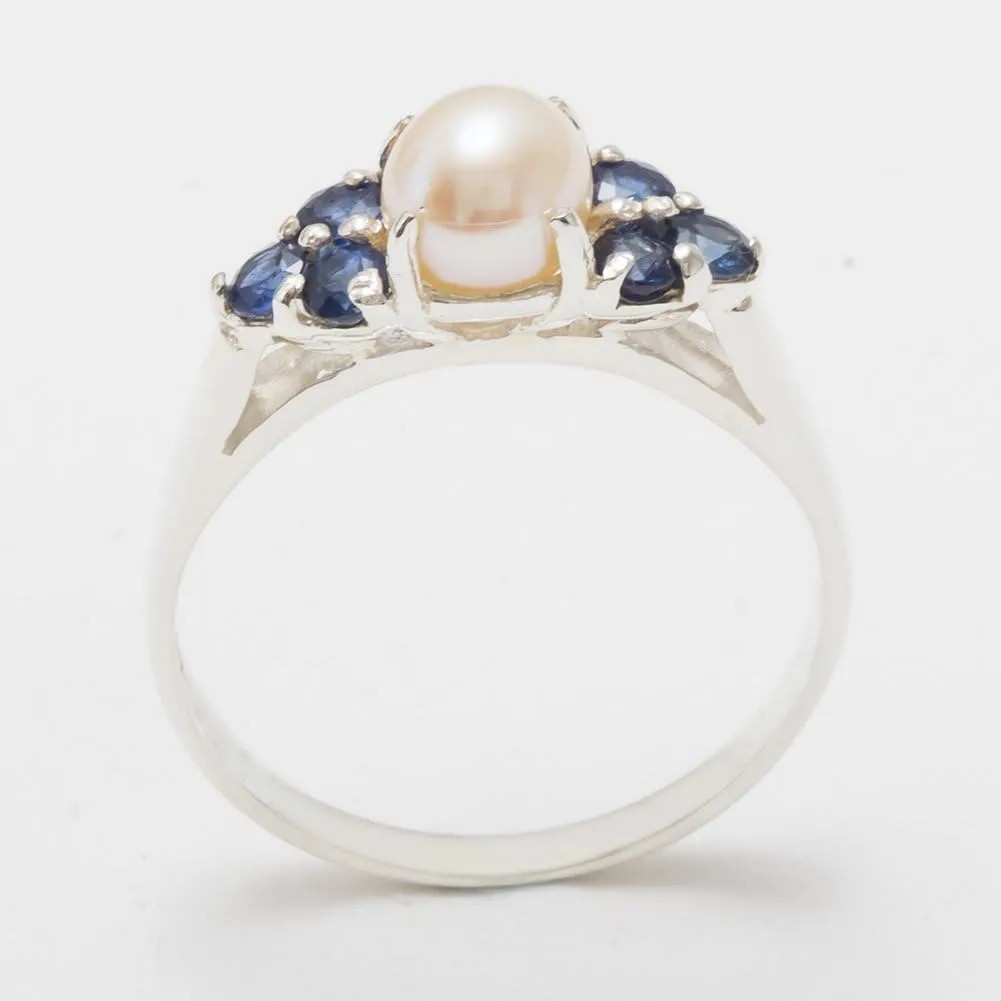 Cluster Anniversary Ring 925 evacuation calibration Sterling Silver Cultured Pearl & Sapphire Womens 