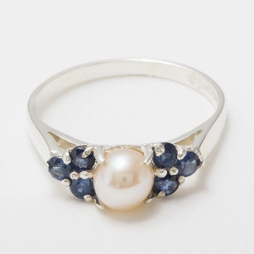 Cluster Anniversary Ring 925 evacuation calibration Sterling Silver Cultured Pearl & Sapphire Womens 