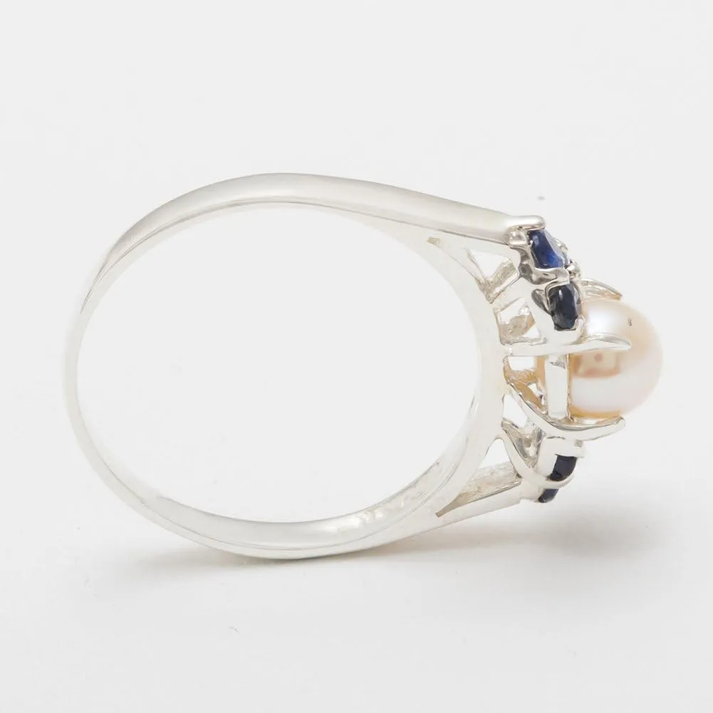 Cluster Anniversary Ring 925 evacuation calibration Sterling Silver Cultured Pearl & Sapphire Womens 