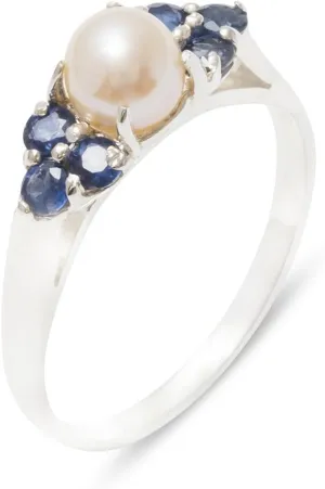 Cluster Anniversary Ring 925 evacuation calibration Sterling Silver Cultured Pearl & Sapphire Womens 