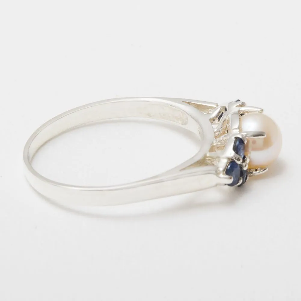 Cluster Anniversary Ring 925 evacuation calibration Sterling Silver Cultured Pearl & Sapphire Womens 