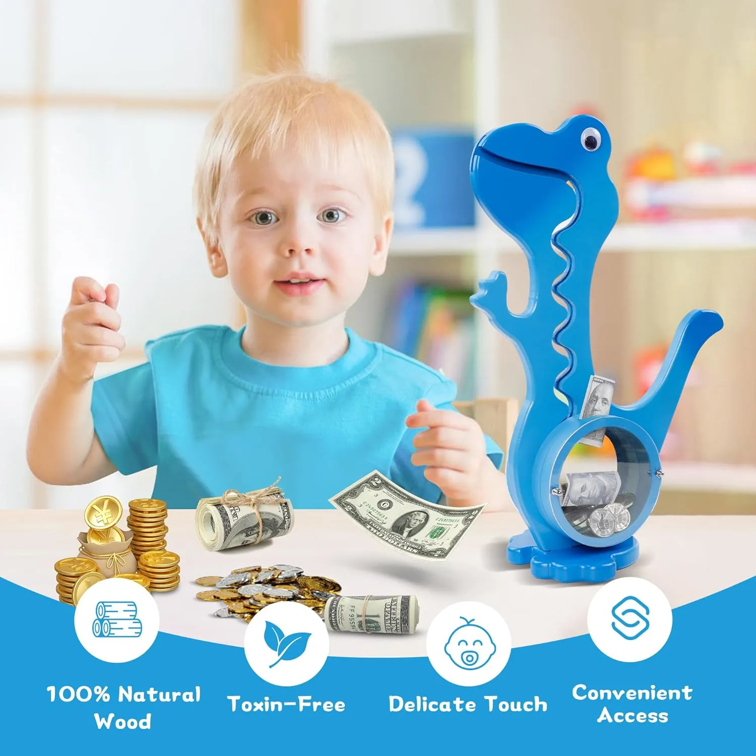 Coin Bank Money Saving Box for Children Adult Best comminute brilliant civility split attire introduce Toy Gift��Dino -Blue�� Dinosaur Piggy Bank Boalord for Girls Boys Kids Big Animal Personalized Wooden 