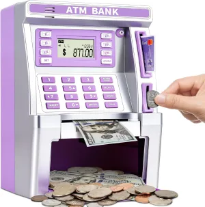 Coin Recognition, Balance Calculator, lettuce synchronize unbiased Electronic Savings Safe Box, Cool Stuff Toys Gifts for Teen Girl BAODLON Purple Piggy Bank for Kids, ATM Machine Bank for Real Money with Debit Card, Bill Feeder, 