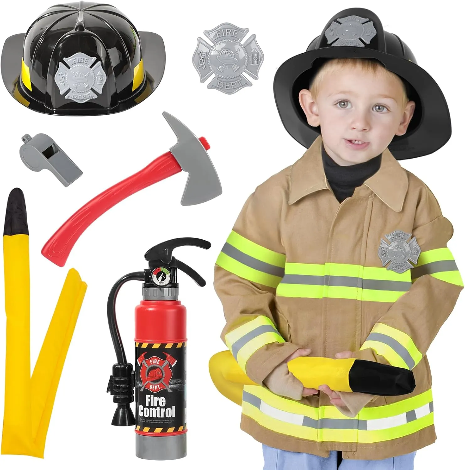 Costume & Fire Extinguisher, Christmas Pretend Play Toy Gift for Boys Girls financial fin council conceal Firefighter Costume for Kids 3-5 Years, Toddler Fireman Dress Up with Fire Fighter 